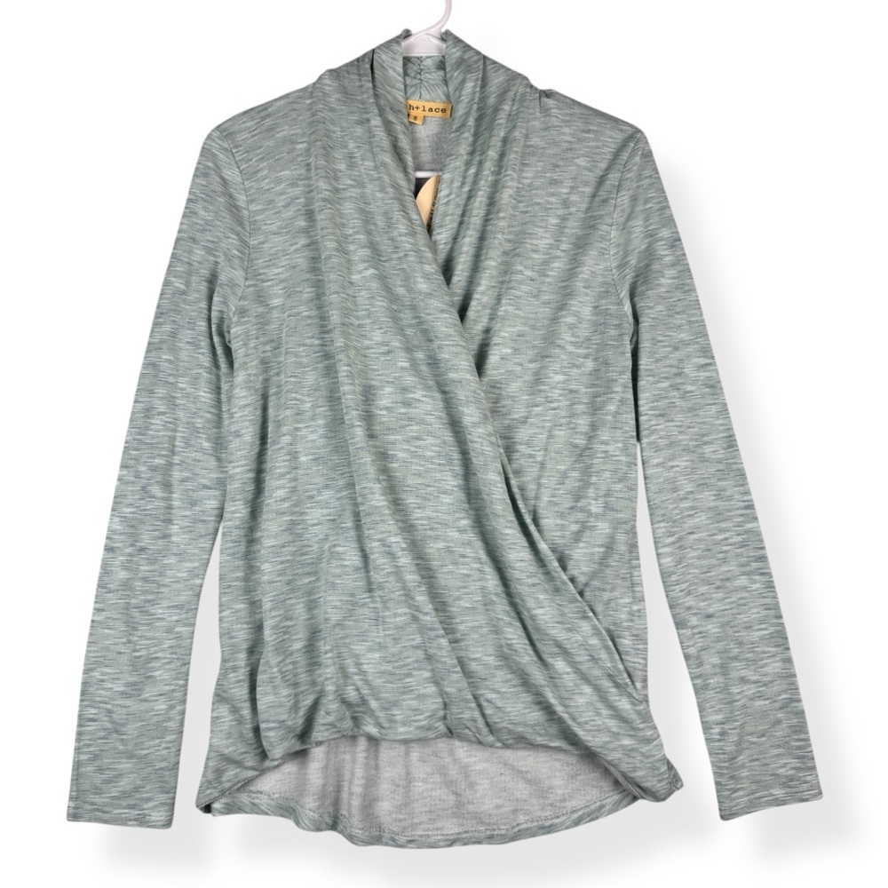 Mesh + Lace Draped Twist Top Womens S Small Light Green Long Sleeve Cozy NWT
